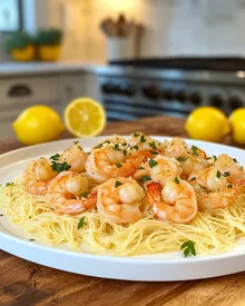 Deliciosos camarones scampi con pasta de cabello de ángel