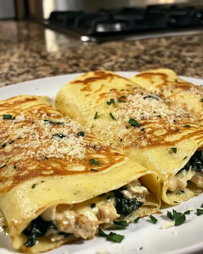 Deliciosos crepes rellenos de pollo y espinacas