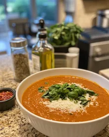 Sopa cremosa de tomate y albahaca deliciosa