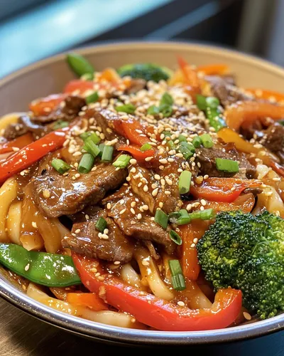 Fideos Udon de Res con Verduras Picantes